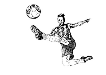 Soccer Player kicking the Ball on white Background