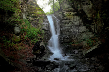 Waterfall Forest Scene with Moss Rocks
