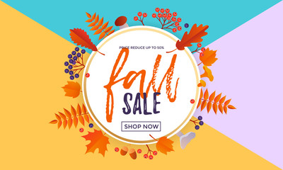 Autumn fall sale maple leaf poster autumnal shopping promo discount banner online store