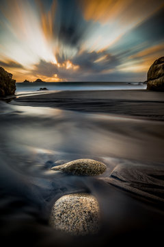 sunset sea sand landscape beach dusk seascape long exposure summer rocks