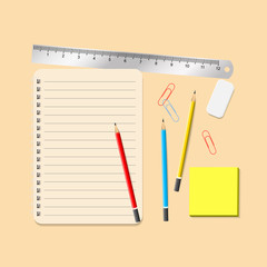 Open diary and stickers for notes, three color of pencil, eraser, ruler and clips