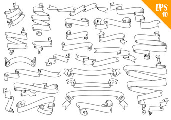 Hand drawn detailed vector scroll ribbons set in outline, contour drawing. Isolated vector illustration of retro short and long ribbons in vintage style, thin line
