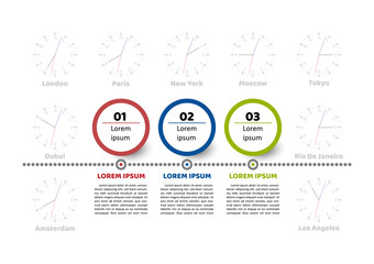 Timeline infographic template 3 steps. Circle element options with sample text.  Clocks with different time zones and cities on background. Vector illustration. 