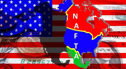 NAFTA - American trade agreement - 
A map of Mexico, the USA and Canada on the American flag.  Beside a shadow  as a symbol of the NAFTA. Dollar notes are shining through. Inscription: NAFTA
