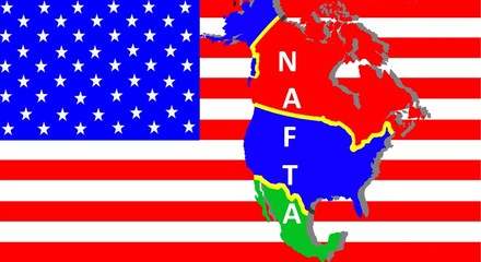NAFTA - American trade agreement - 
A map of Mexico, the USA and Canada on the American flag.  Inscription: NAFTA
