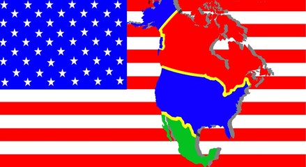 NAFTA - American trade agreement - 
A map of Mexico, the USA and Canada on the American flag.  

