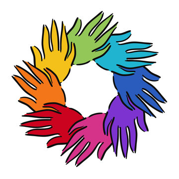 Multi coloured circle of hands showing unity