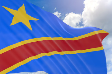Obraz premium 3D rendering of DR Congo flag waving on blue sky