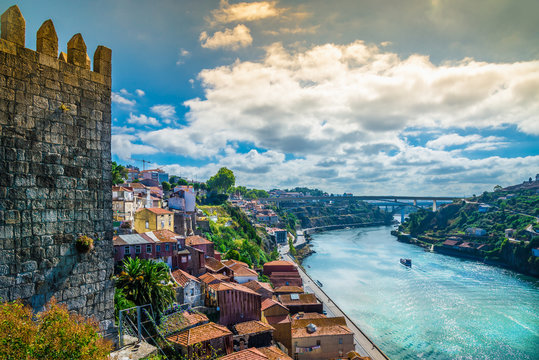 Beautiful view over Rio Douro river and Porto city from, Dom Luis I bridge