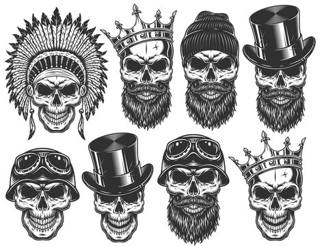 Set of different skull characters with different hats and accessories. Monochrome style. Isolated on white background.