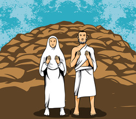 Vector illustration of hajj pilgrim praying in front of rock mount