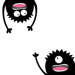 Two screaming monster set. Happy Halloween card. Head silhouette. Eyes, teeth, tongue, hands. Hanging upside down. Black Funny Cute cartoon character. Flat design. White background.