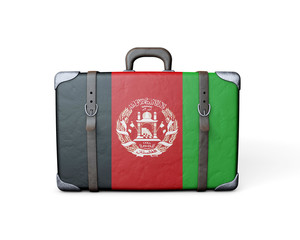Afghanistan flag on a vintage leather suitcase. 3D Rendering