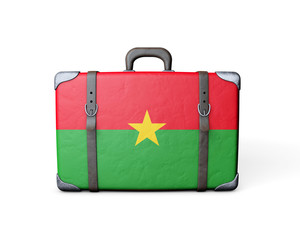 Burkina Faso flag on a vintage leather suitcase. 3D Rendering