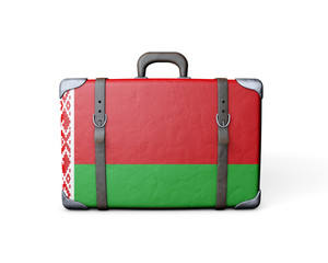 Belarus flag on a vintage leather suitcase. 3D Rendering