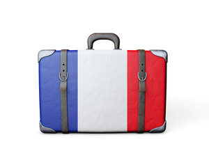 France flag on a vintage leather suitcase. 3D Rendering