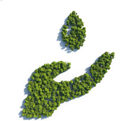 3d rendering ultra high quality. Hand icon from small trees with drop shadow on white background. Modern minimalistic icon in green colors. View from above