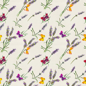 Lavender flowers, butterflies. Watercolor seamless pattern