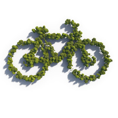 3d rendering ultra high quality. Bicycle icon from small trees with drop shadow on white background. Modern minimalistic icon in green colors. View from above