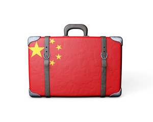 China flag on a vintage leather suitcase. 3D Rendering
