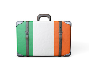 Ireland flag on a vintage leather suitcase. 3D Rendering