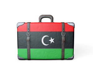 Libya flag on a vintage leather suitcase. 3D Rendering