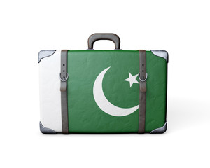 Pakistan flag on a vintage leather suitcase. 3D Rendering