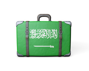Saudi Arabia flag on a vintage leather suitcase. 3D Rendering