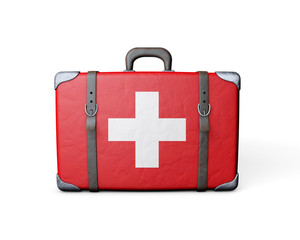 Obraz premium Switzerland flag on a vintage leather suitcase. 3D Rendering