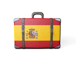 Spain flag on a vintage leather suitcase. 3D Rendering