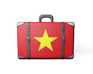 Vietnam flag on a vintage leather suitcase. 3D Rendering