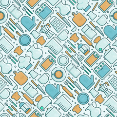 Kitchenware and tableware seamless pattern with thin line icons set. Vector illustration for cooking recipes, menu, shop, web site, app.