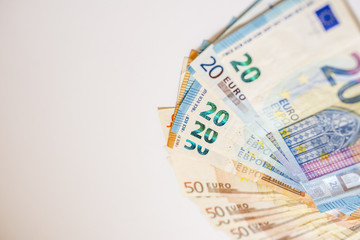 Euro cash. Many Euro banknotes of different values. Euro cash background.