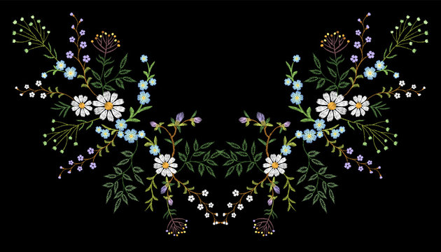 Embroidery trend floral pattern small branches herb daisy with little blue violet flower. Ornate reflection folk fashion patch design neckline blossom on black background vector illustration