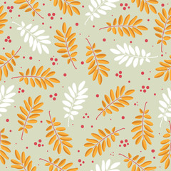 Seamless pattern with rowan leaves and red dots. Autumn background, school theme