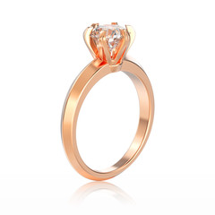 3D illustration isolated rose gold traditional solitaire engagement diamond ring with reflection