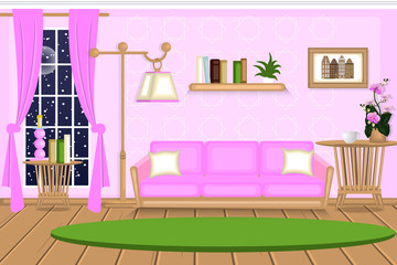 The interior of the living room. Cozy room with furniture, winter evening. Cartoon. Sofa, table, lamp, carpet. Vector.