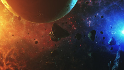 A beautiful flight in a colorful space with asteroids with sounds and a planet 3d illustration