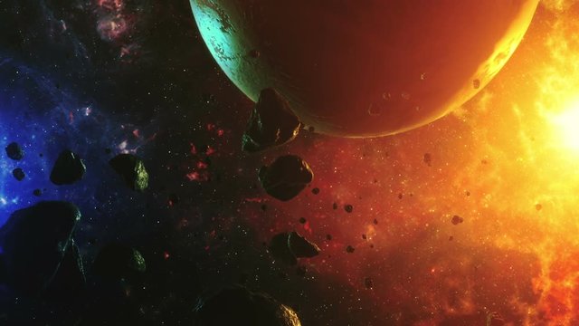 A beautiful flight in a colorful space with asteroids with sounds and a planet