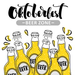 Oktoberfest poster with hand sketched bottles and other attributes. Labels.