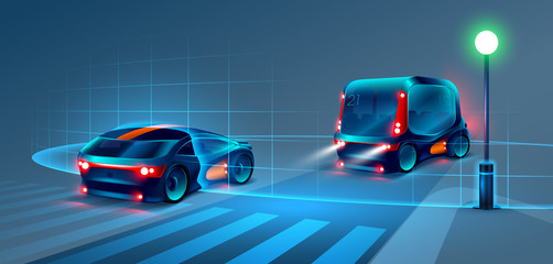 Autonomous smart bus and car rides through the night city. Smart bus scans the road and goes without a driver. Smart bus recognize road signs, lane markings and pedestrians at the crosswalk. VECTOR