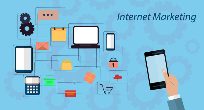Online Internet Marketing Concept. Digital Marketing, store, Ecommerce shopping. Flat illustration.