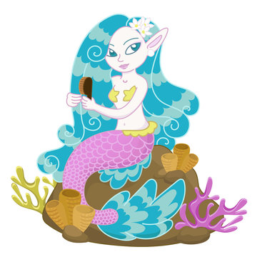 Vector illustration of a mermaid sitting on a rock combing her hair