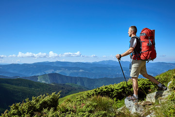 Hiking in the mountains in the summer with a backpack.