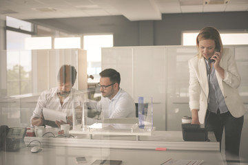 Business people working in office. Business woman talking on Landline phone.