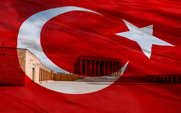 Anitkabir - Mausoleum Of Ataturk - With Turkish Flag, Ankara Turkey