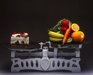 Scale with slice of cake and fruit
