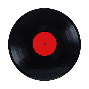 Black long-play vinyl records with red label isolated on white background front view closeup