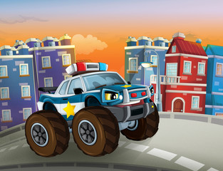 cartoon police car looking like monster truck driving through the city - illustration for children © honeyflavour