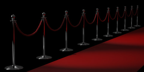 Silver rope barriers and Red carpet isolated on black background